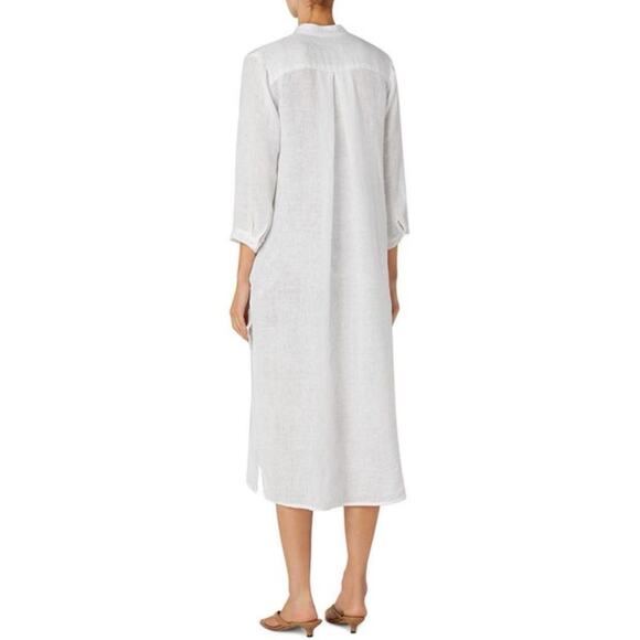Enzo Costa 100% White Linen Collarless Bracelet Length Sleeve Shirt Dress 3 L - Picture 2 of 12
